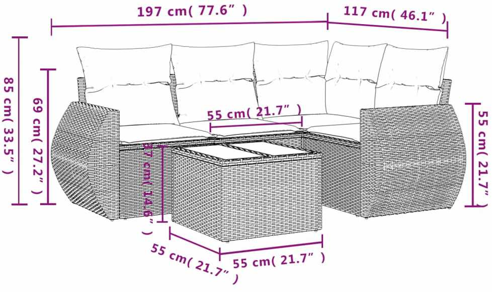 Sofa Sofos komplektas su pagalvėlėmis, 5 dalių, smėlio, poliratanas