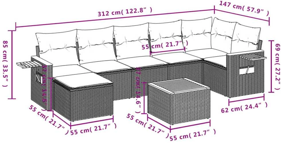 Lauko baldų komplektas Sofos komplektas su pagalvėlėmis, 8 dalių, smėlio, poliratanas