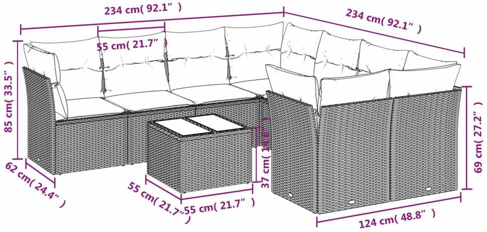 Sofa Sofos komplektas su pagalvėlėmis, 9 dalių, pilkas, poliratanas