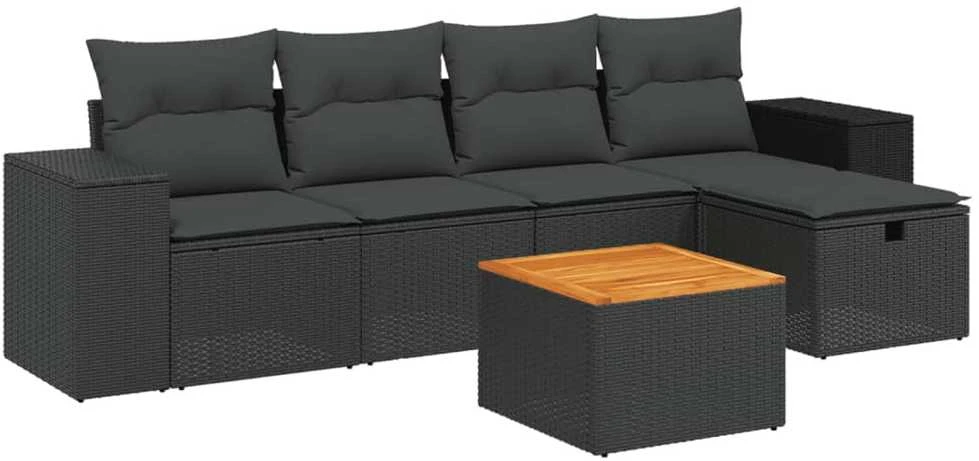 Sofa Sofos komplektas su pagalvėlėmis, 6 dalių, juodas, poliratanas