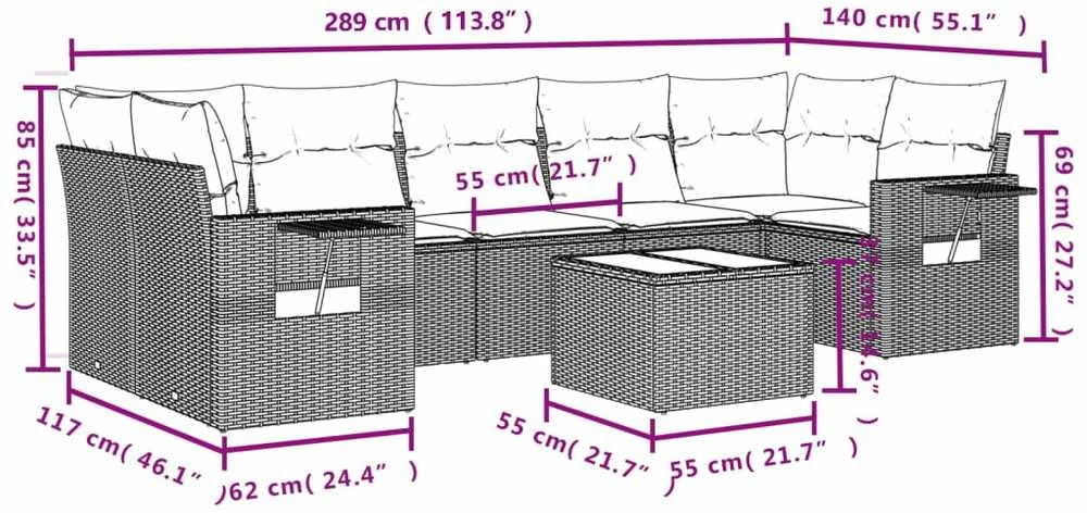 Lauko baldų komplektas Sofos komplektas su pagalvėlėmis, 8 dalių, juodas, poliratanas