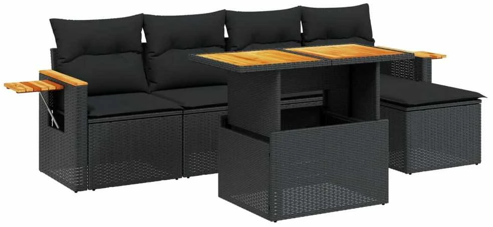 Lauko baldų komplektas Sofos komplektas su pagalvėlėmis, 6 dalių, juodas, poliratanas