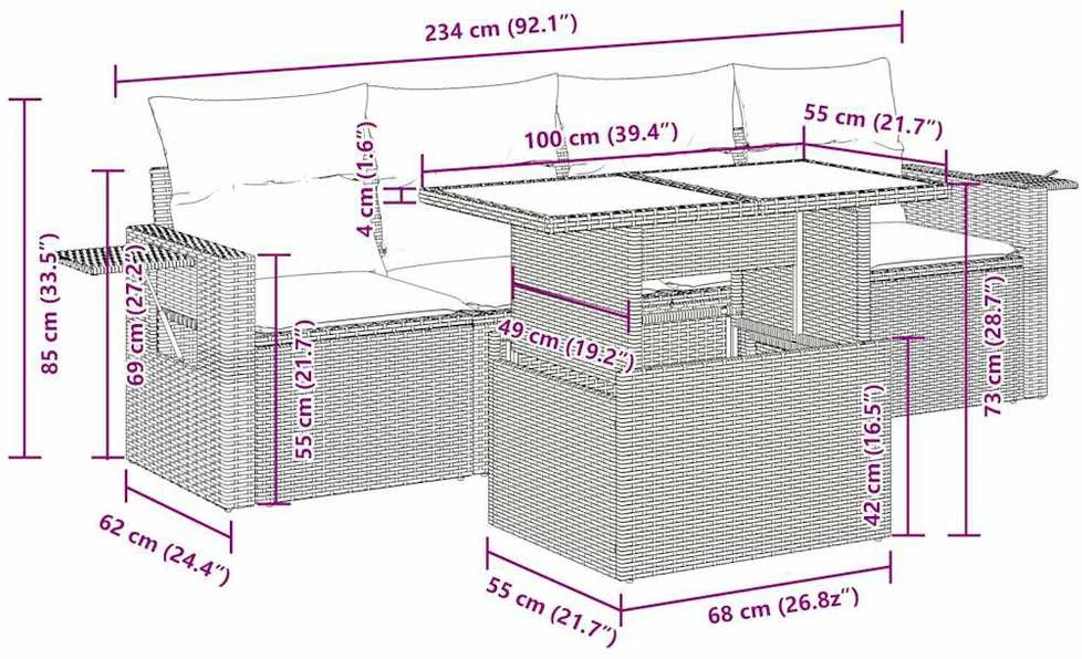 Lauko baldų komplektas Sofos komplektas su pagalvėlėmis, 5 dalių, pilkas, poliratanas