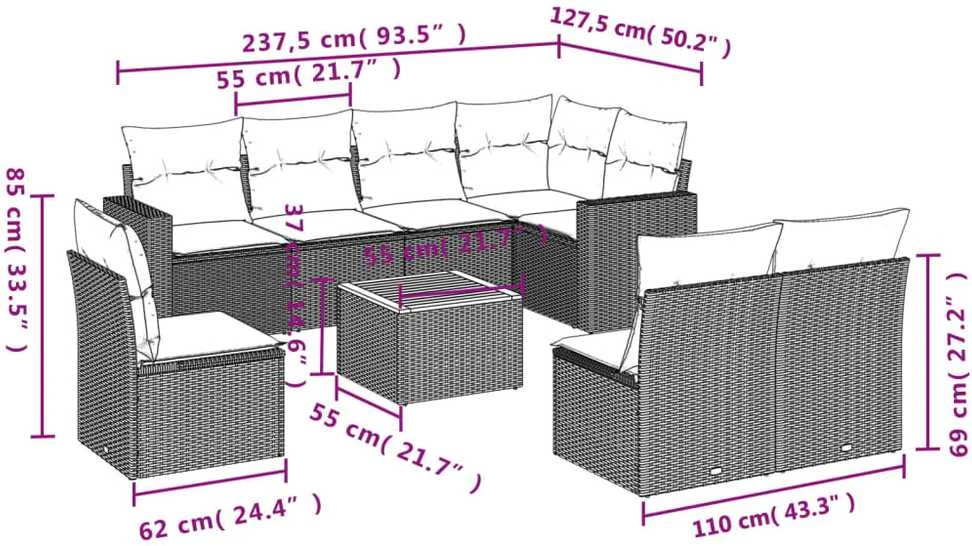 Sofa Sofos komplektas su pagalvėlėmis, 9 dalių, smėlio, poliratanas