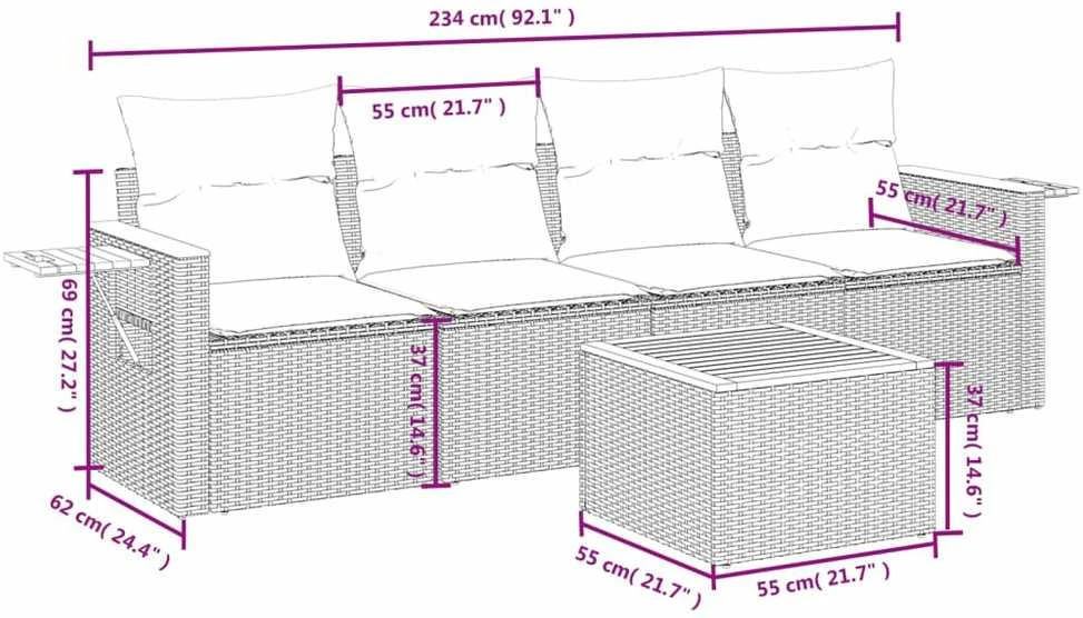 Lauko baldų komplektas Sofos komplektas su pagalvėlėmis, 5 dalių, pilkas, poliratanas
