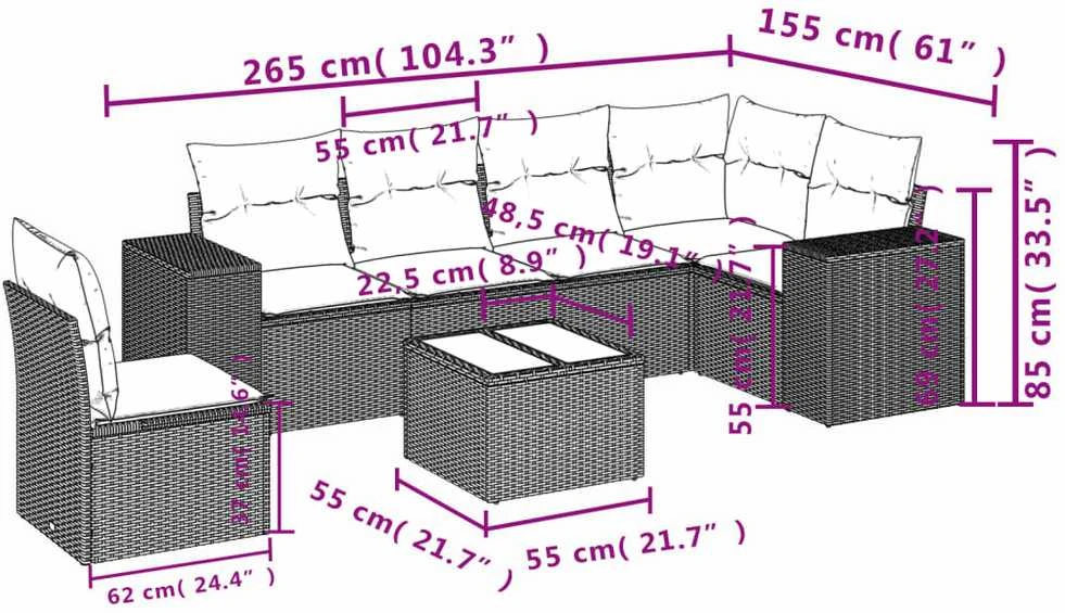Sofa Sofos komplektas su pagalvėlėmis, 7 dalių, smėlio, poliratanas