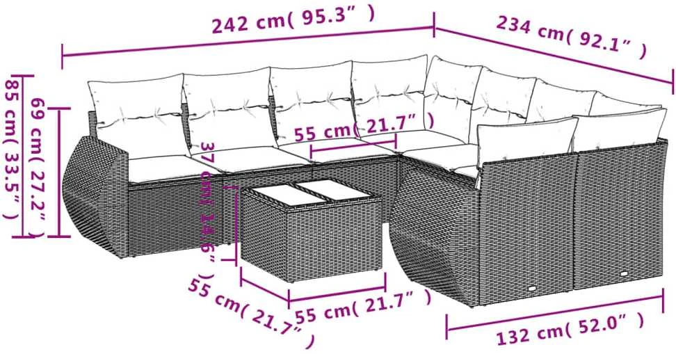 Sofa Sofos komplektas su pagalvėlėmis, 9 dalių, pilkas, poliratanas