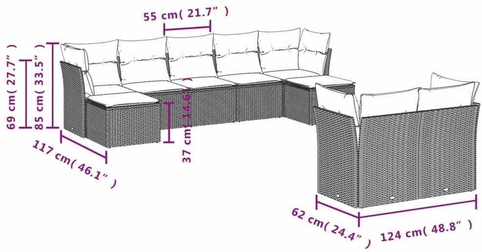 Sofa Sofos komplektas su pagalvėlėmis, 9 dalių, pilkas, poliratanas