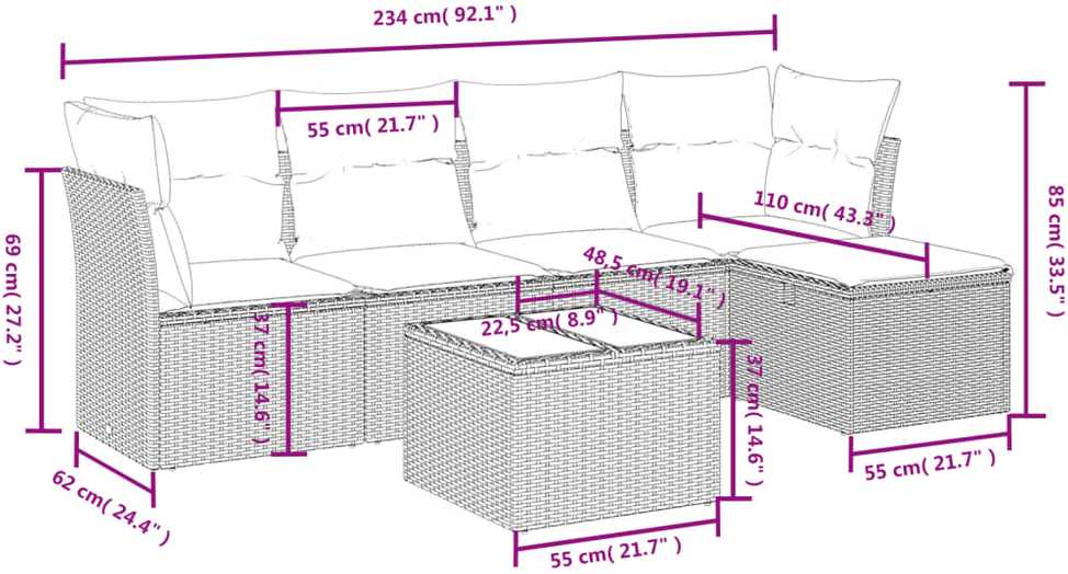 Sofa Sofos komplektas su pagalvėlėmis, 6 dalių, smėlio, poliratanas