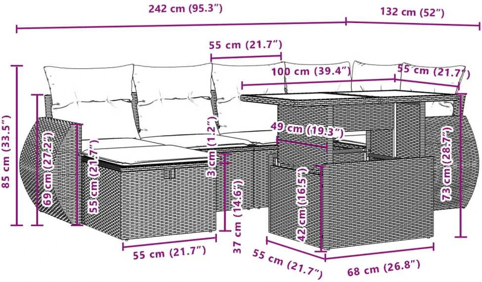 Lauko baldų komplektas Sofos komplektas su pagalvėlėmis, 7 dalių, juodas, poliratanas