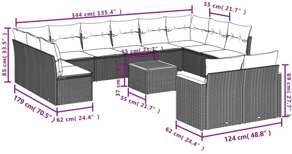 Sofa Sofos komplektas su pagalvėlėmis, 13 dalių, smėlio, poliratanas