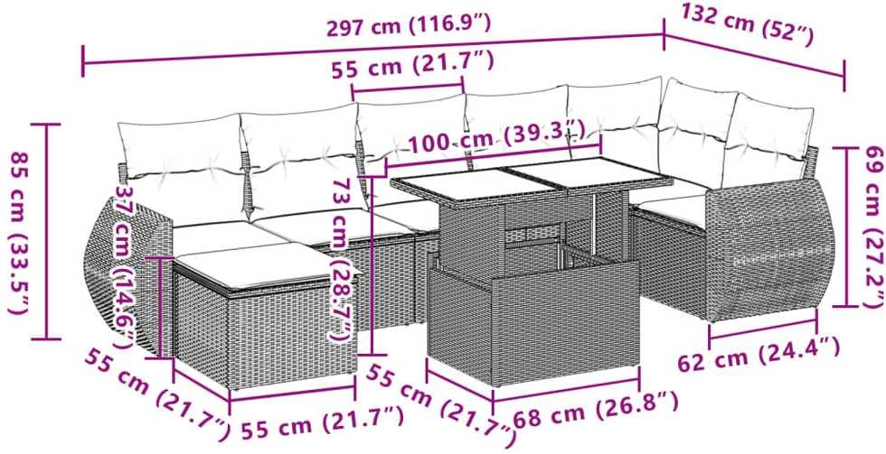 Lauko baldų komplektas Sofos komplektas su pagalvėlėmis, 8 dalių, juodas, poliratanas