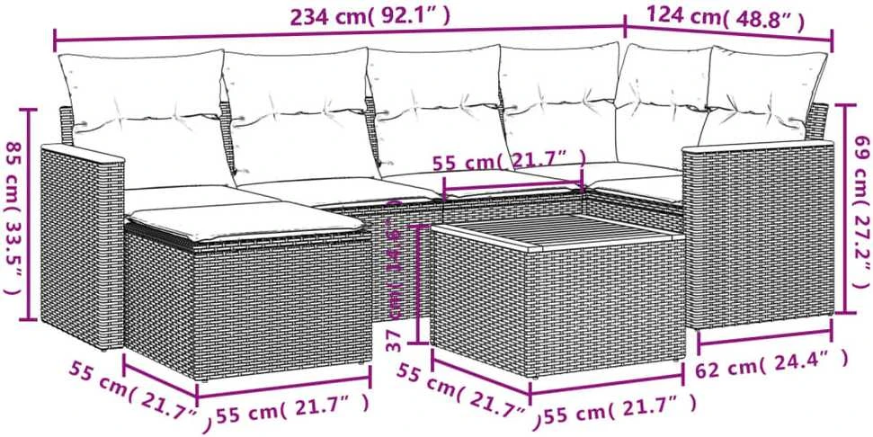 Lauko baldų komplektas Sofos komplektas su pagalvėlėmis, 7 dalių, juodas, poliratanas