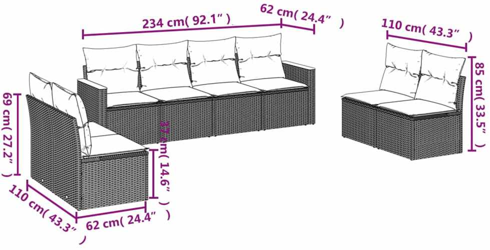 Lauko baldų komplektas Sofos komplektas su pagalvėlėmis, 8 dalių, smėlio, poliratanas