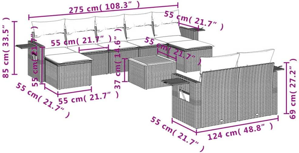 Sofa Sofos komplektas su pagalvėlėmis, 10 dalių, smėlio, poliratanas