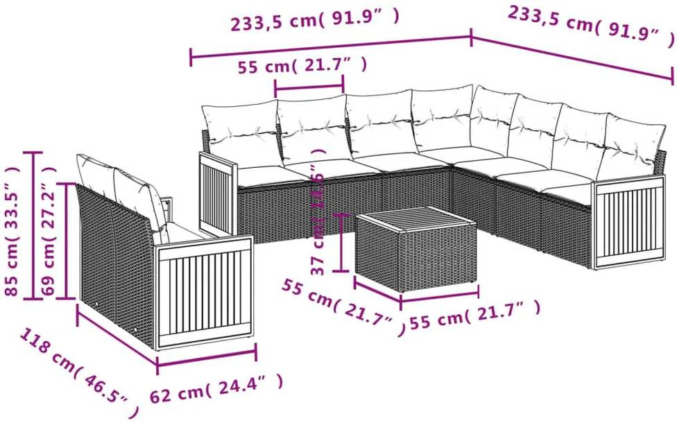 Sofa Sofos komplektas su pagalvėlėmis, 10 dalių, smėlio, poliratanas