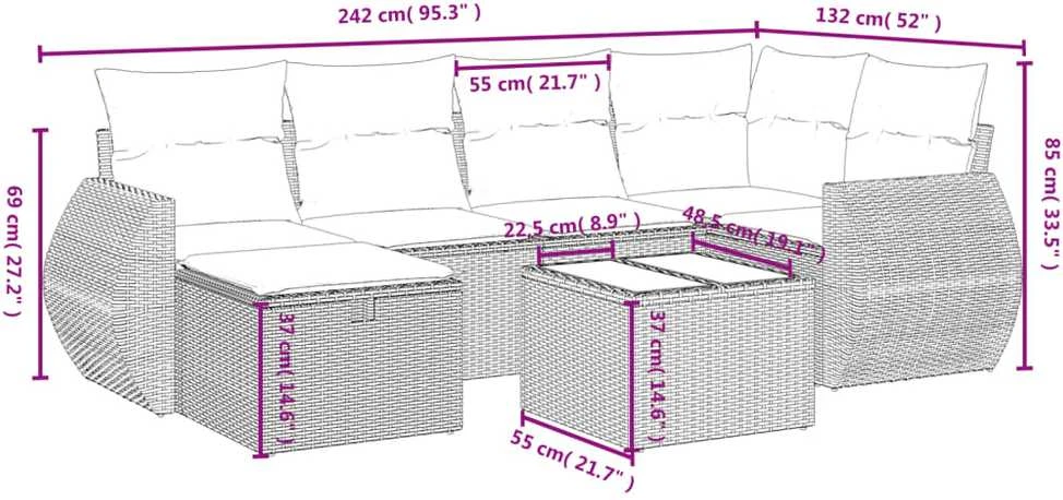 Sofa Sofos komplektas su pagalvėlėmis, 7 dalių, pilkas, poliratanas