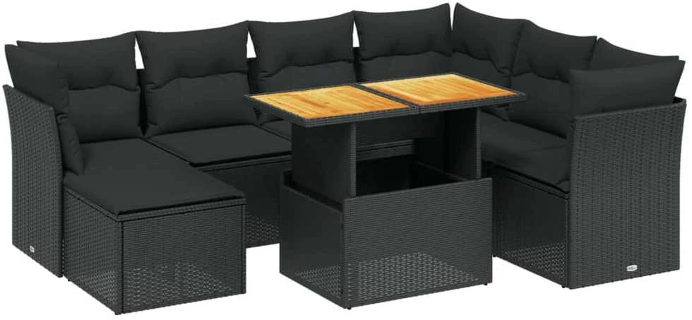 Lauko baldų komplektas Sofos komplektas su pagalvėlėmis, 8 dalių, juodas, poliratanas