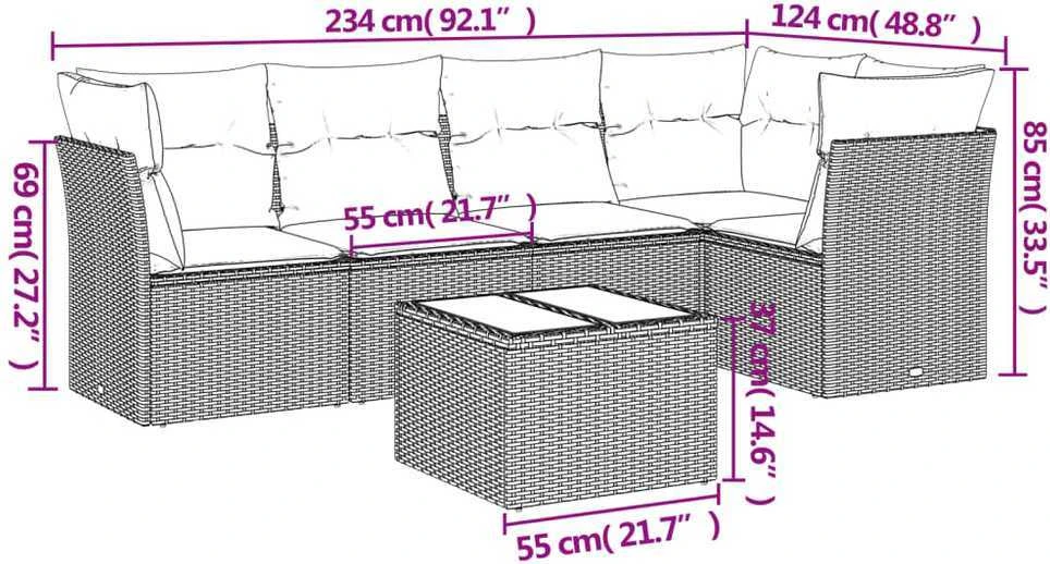 Sofa Sofos komplektas su pagalvėlėmis, 6 dalių, juodas, poliratanas