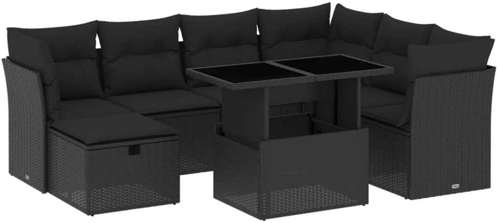 Lauko baldų komplektas Sofos komplektas su pagalvėlėmis, 8 dalių, juodas, poliratanas