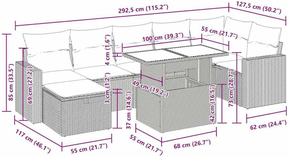 Lauko baldų komplektas Sofos komplektas su pagalvėlėmis, 8 dalių, juodas, poliratanas