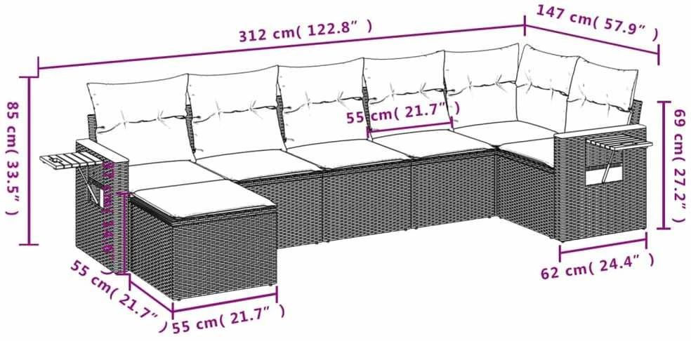 Lauko baldų komplektas Sofos komplektas su pagalvėlėmis, 7 dalių, juodas, poliratanas
