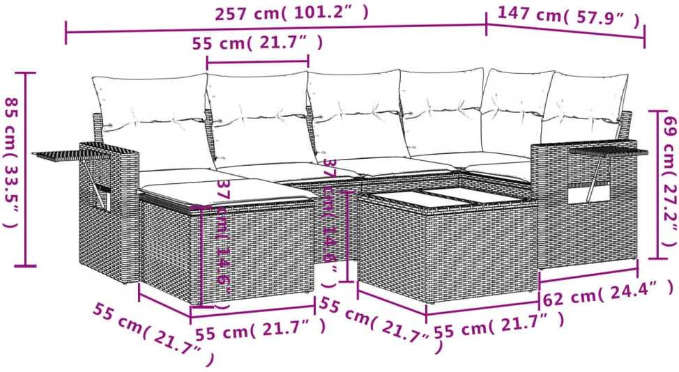 Lauko baldų komplektas Sofos komplektas su pagalvėlėmis, 7 dalių, juodas, poliratanas