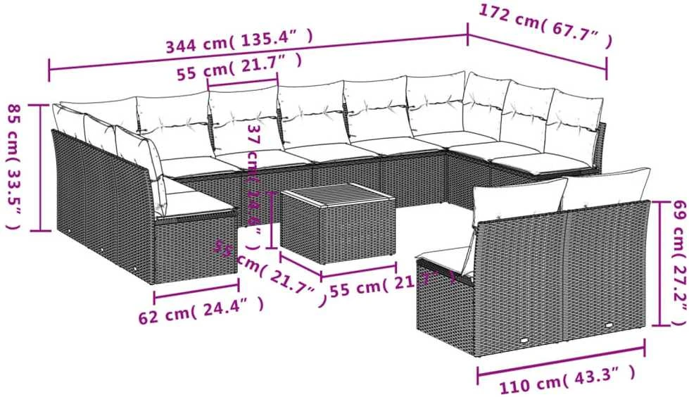 Sofa Sofos komplektas su pagalvėlėmis, 13 dalių, smėlio, poliratanas