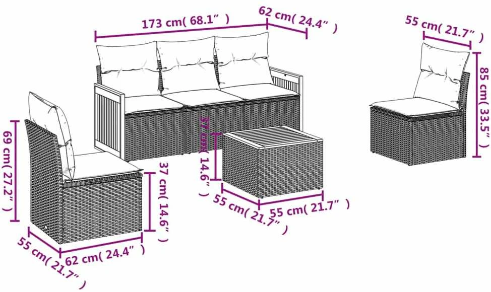 Sofa Sofos komplektas su pagalvėlėmis, 6 dalių, smėlio, poliratanas