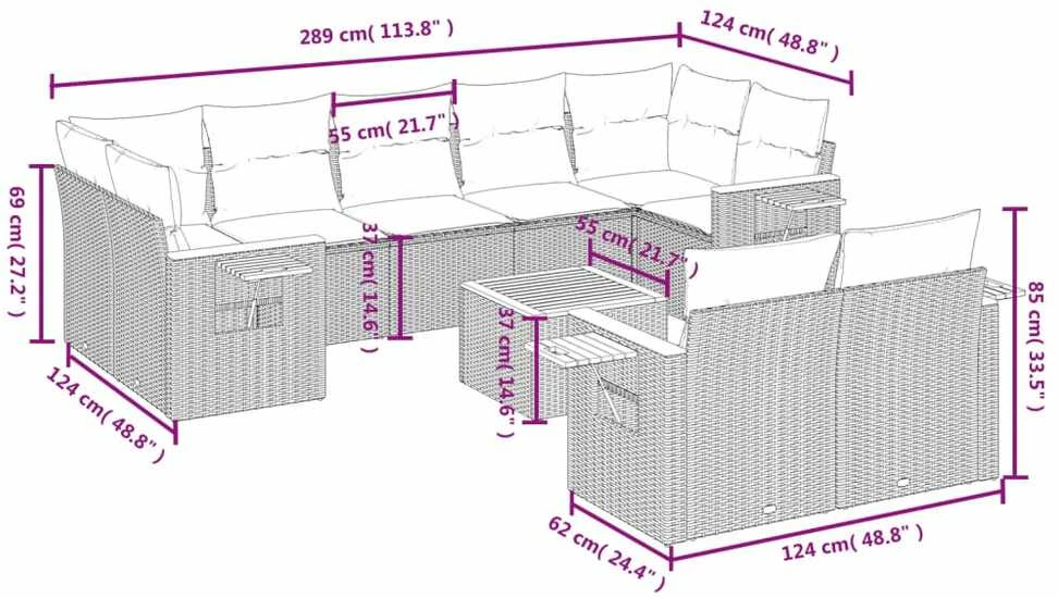 Lauko baldų komplektas Sofos komplektas su pagalvėlėmis, 10 dalių, smėlio, poliratanas