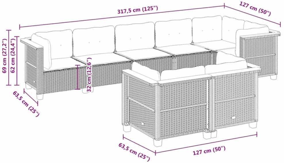 Lauko baldų komplektas Sofos komplektas su pagalvėlėmis, 8 dalių, juodas, poliratanas