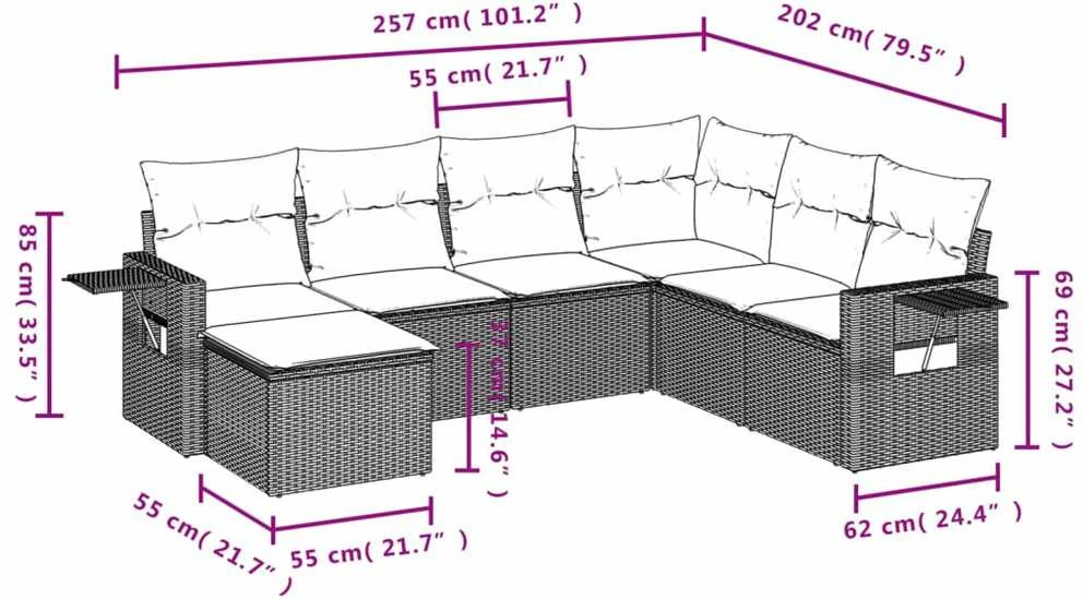 Sofa Sofos komplektas su pagalvėlėmis, 7 dalių, pilkas, poliratanas