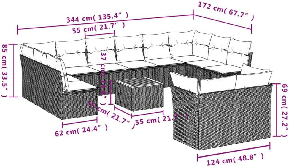 Sofa Sofos komplektas su pagalvėlėmis, 13 dalių, smėlio, poliratanas