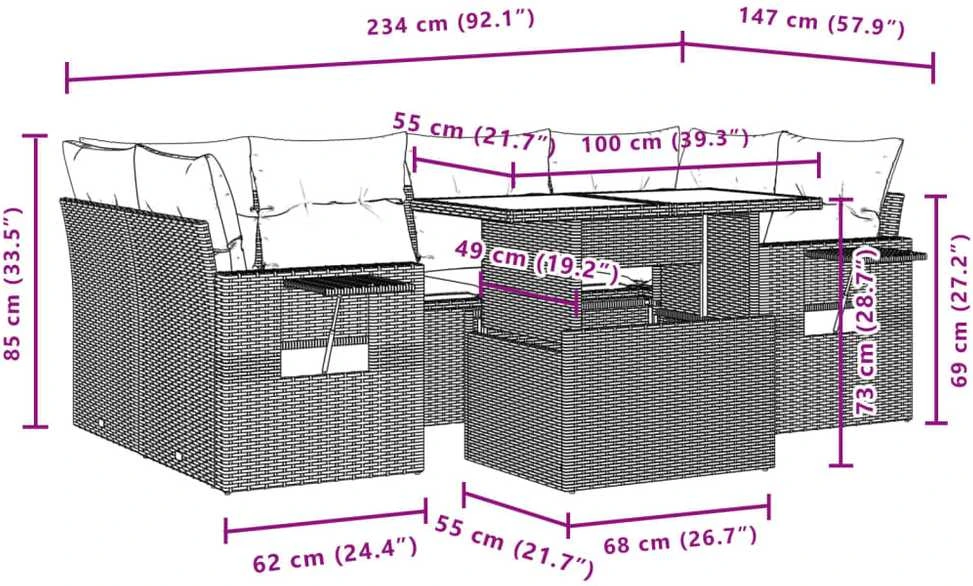 Lauko baldų komplektas Sofos komplektas su pagalvėlėmis, 7 dalių, juodas, poliratanas