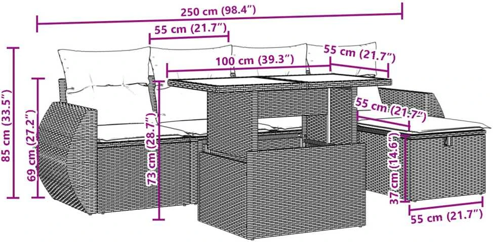 Lauko baldų komplektas Sofos komplektas su pagalvėlėmis, 6 dalių, juodas, poliratanas