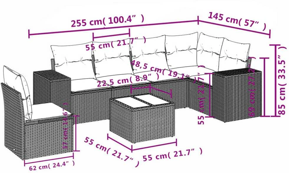 Sofa Sofos komplektas su pagalvėlėmis, 7 dalių, pilkas, poliratanas