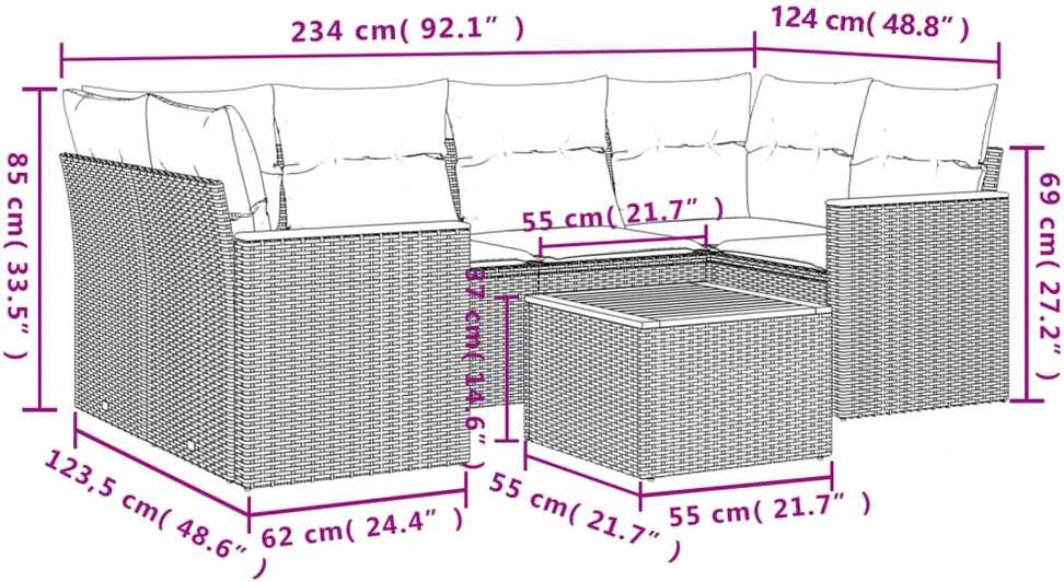 Lauko baldų komplektas Sofos komplektas su pagalvėlėmis, 7 dalių, juodas, poliratanas