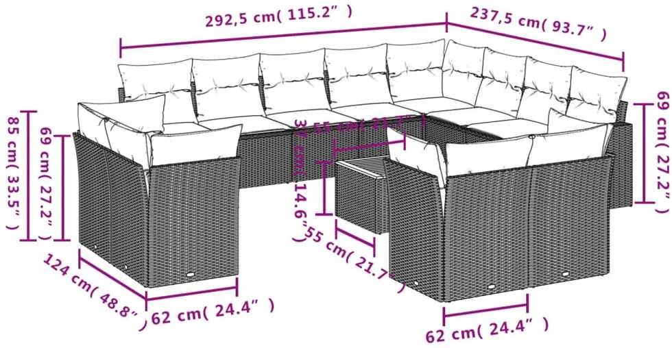 Sofa Sofos komplektas su pagalvėlėmis, 13 dalių, smėlio, poliratanas