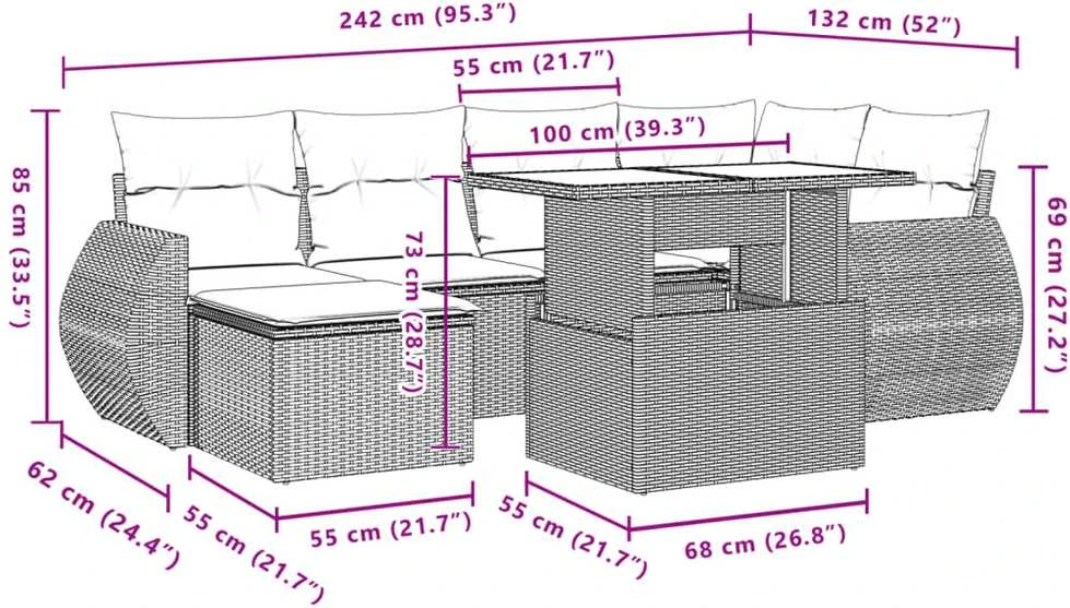 Lauko baldų komplektas Sofos komplektas su pagalvėlėmis, 7 dalių, smėlio, poliratanas