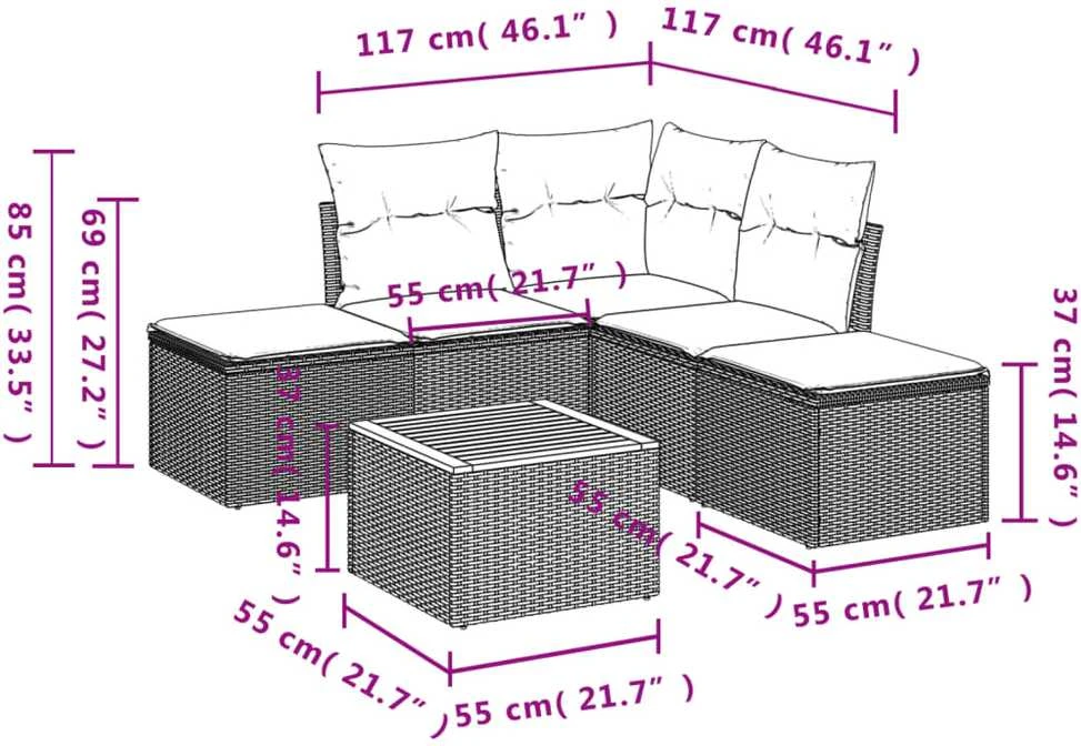 Sofa Sofos komplektas su pagalvėlėmis, 6 dalių, smėlio, poliratanas