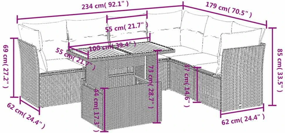 Lauko baldų komplektas Sofos komplektas su pagalvėlėmis, 7 dalių, juodas, poliratanas