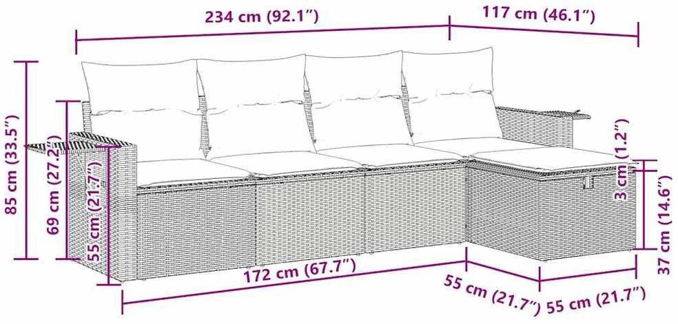 Lauko baldų komplektas Sofos komplektas su pagalvėlėmis, 5 dalių, pilkas, poliratanas