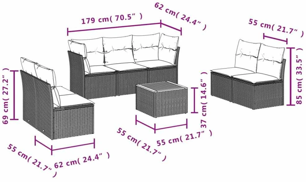 Lauko baldų komplektas Sofos komplektas su pagalvėlėmis, 8 dalių, juodas, poliratanas