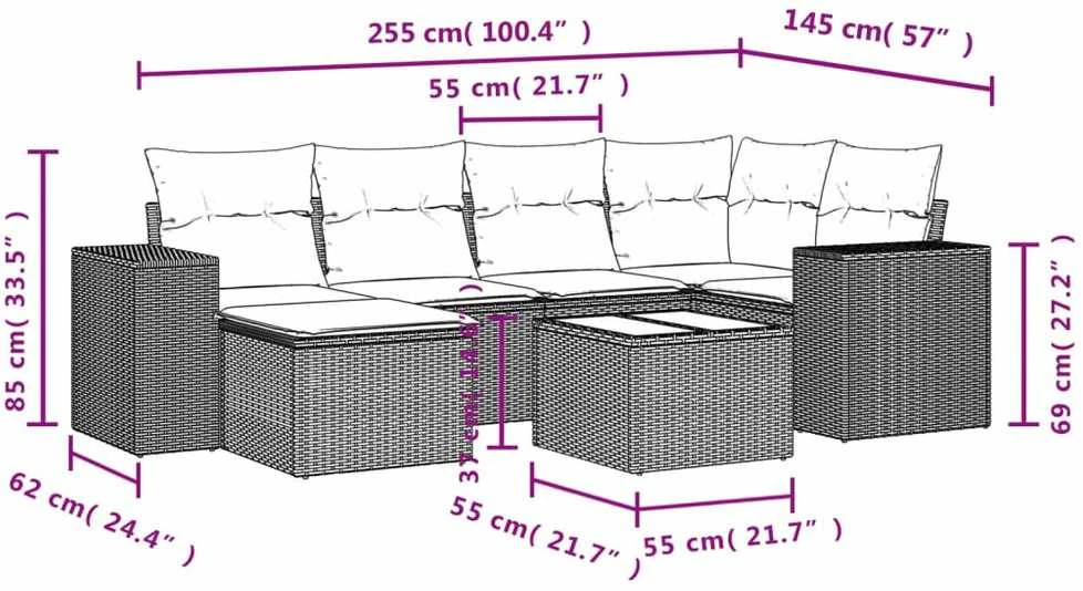 Sofa Sofos komplektas su pagalvėlėmis, 7 dalių, pilkas, poliratanas