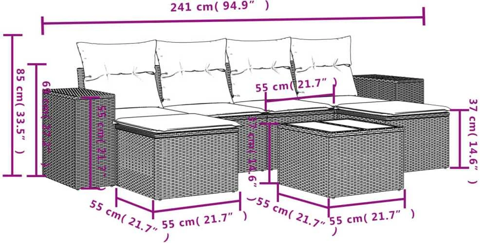 Lauko baldų komplektas Sofos komplektas su pagalvėlėmis, 7 dalių, juodas, poliratanas