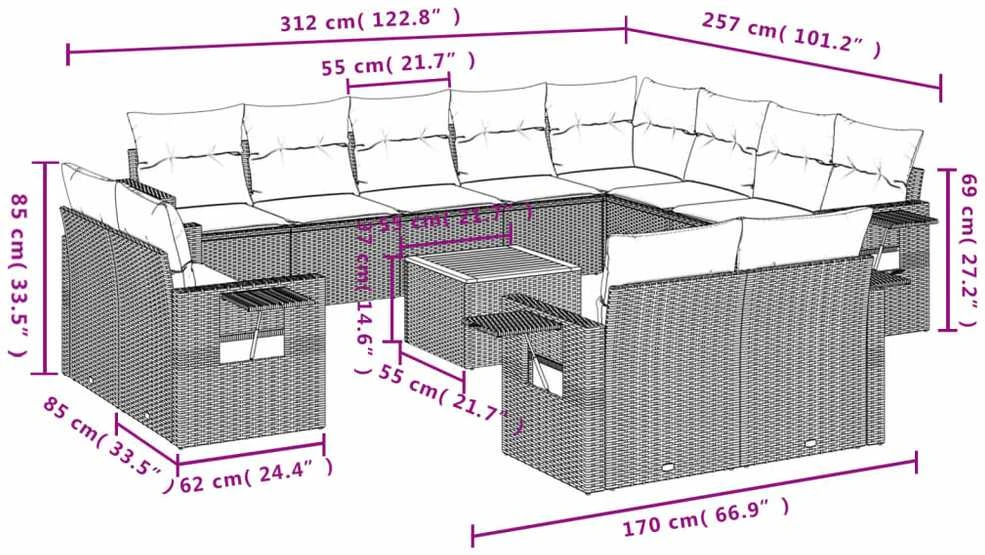Sofa Sofos komplektas su pagalvėlėmis, 13 dalių, juodas, poliratanas
