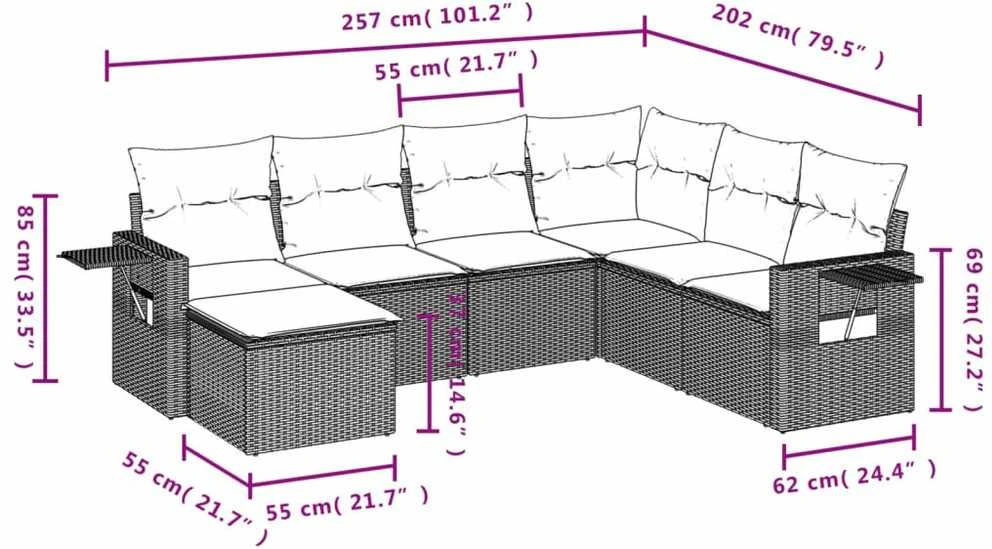 Lauko baldų komplektas Sofos komplektas su pagalvėlėmis, 7 dalių, juodas, poliratanas