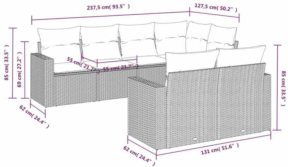 Lauko baldų komplektas Sofos komplektas su pagalvėlėmis, 7 dalių, juodas, poliratanas