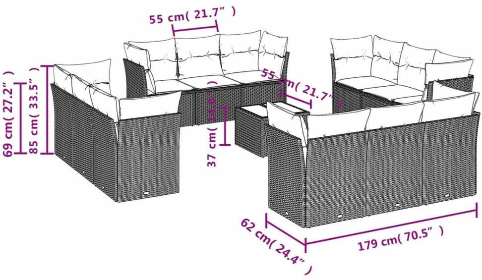 Sofa Sofos komplektas su pagalvėlėmis, 13 dalių, juodas, poliratanas