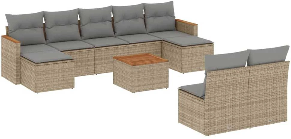 Sofa Sofos komplektas su pagalvėlėmis, 10 dalių, smėlio, poliratanas